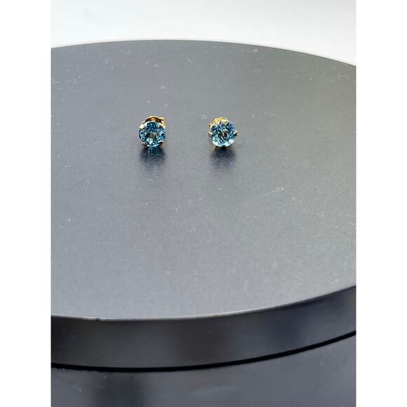 Designer Signed‎ Yellow Gold 10k Prong Swiss Blue Topaz Earring 14k Backs 6mm - Picture 2 of 14
